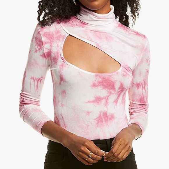 NWT KENDALL + KYLIE Women Turtleneck Bodysuit With Cut-out Shibori Pink Dye - Picture 1 of 6